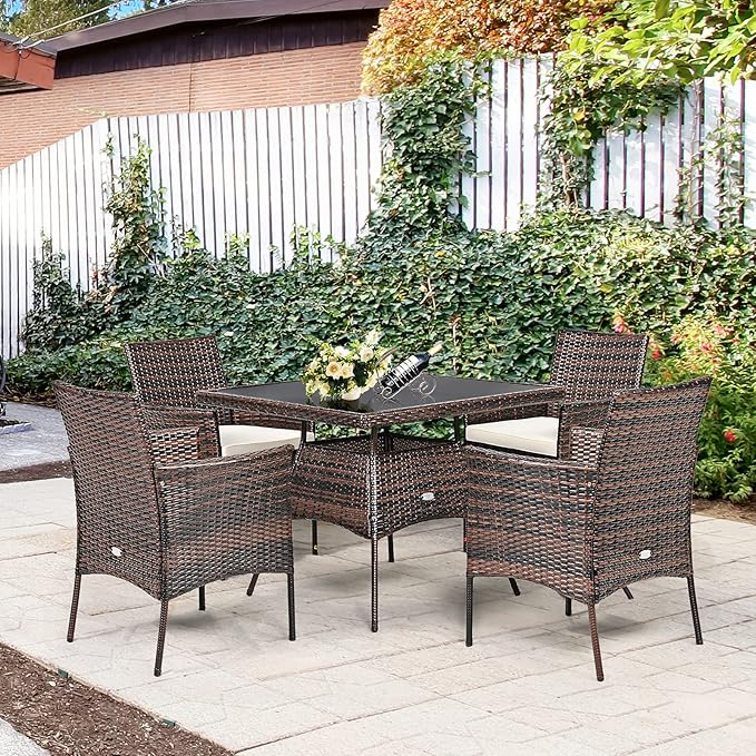 Tangkula 5 Pieces Wicker Patio Dining Set, Outdoor PE Rattan Chairs Table Set with 4 Seat Cushions, Patio Dining Furniture with Tempered Glass Tabletop, Suitable for Porch, Yard