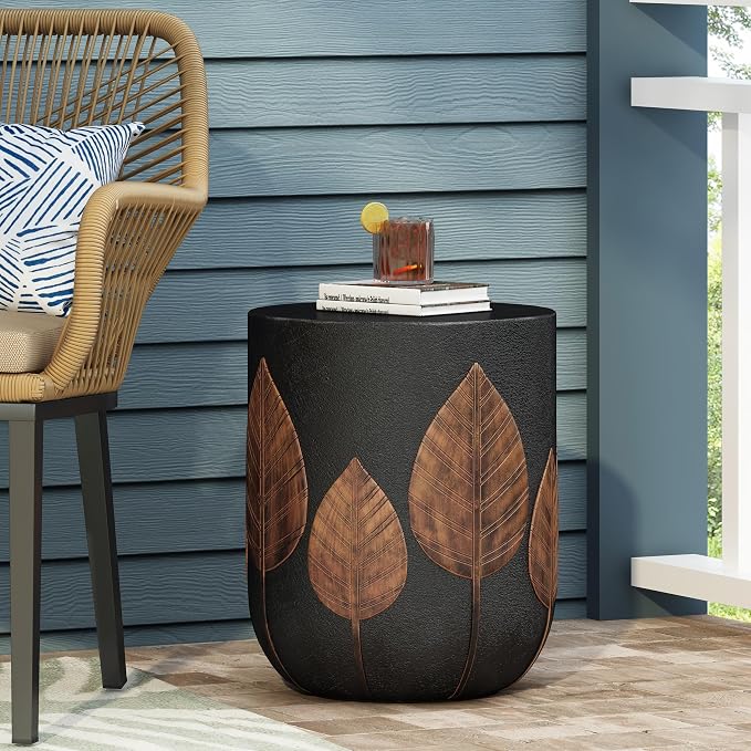 Outdoor Side Table Concrete End Table Round Drum Side Tables Vintage Small Coffee Tables for Indoor Outdoor,Garden Stool for Patio Porch Backyard,Cylinder, Black & Gold Leaves
