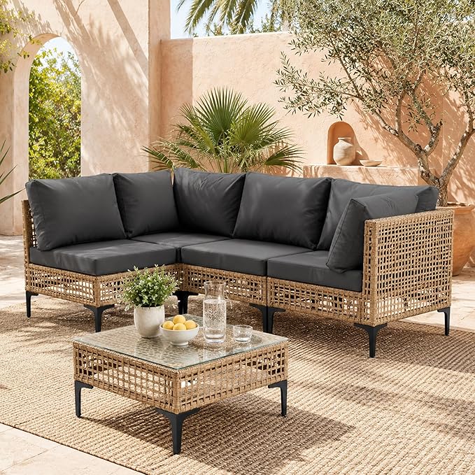 5-Piece Outdoor Wicker Patio Sectional Furniture Set, Grey | 4-Seat, PE rattan, All weather performance, Patio onversation set, for Backyard Porch Poolside Deck