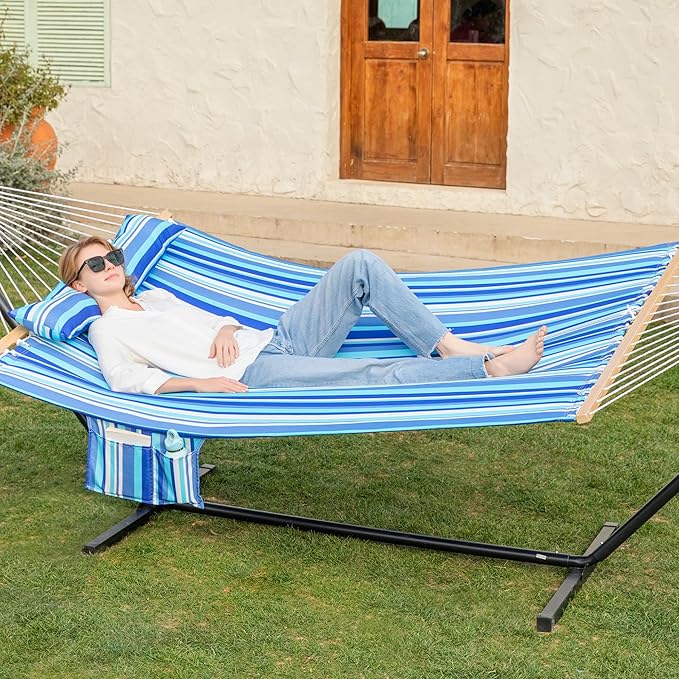 2 Person Hammock with Stand for Outside, 12ft Heavy Duty Steel Stand, Double Hammocks with Hardwood Spreader Bar, Large Removable Pillow, Side Pockets, Max 475 lbs Capacity (Ocean Blue)