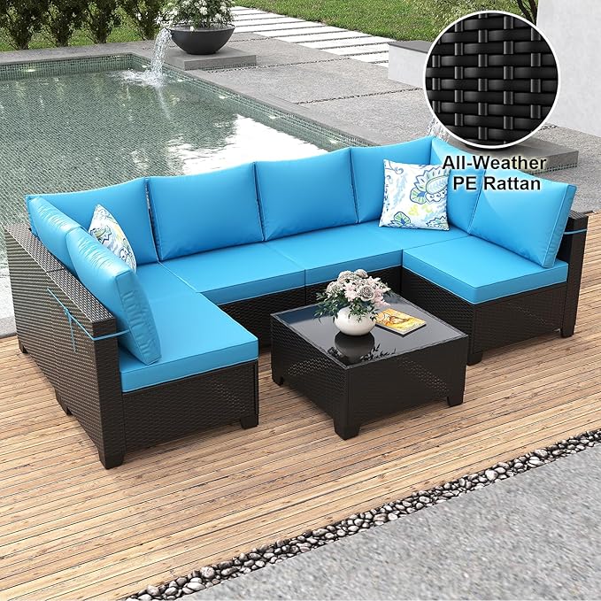 7 Pieces Patio Furniture Set, Outdoor Sectional Rattan Sofa Set, Wicker Patio Conversation Set with Cushions and Glass Coffee Table, for Balcony, Porch, Garden, Coffee and Peacock Blue