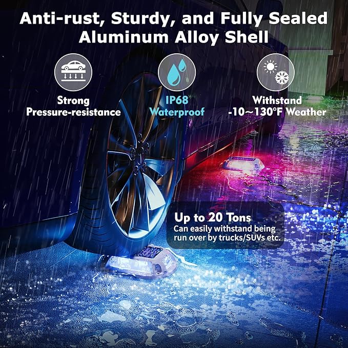 8Pack Aluminum Alloy Solar Driveway Lights, IP68 Solar Deck Light Marine Dock Lights Outdoor Waterproof, Multi-color LED Driveway Markers for Walkway, Path Decor [12Modes - Strobe/RGB/Fix-color]