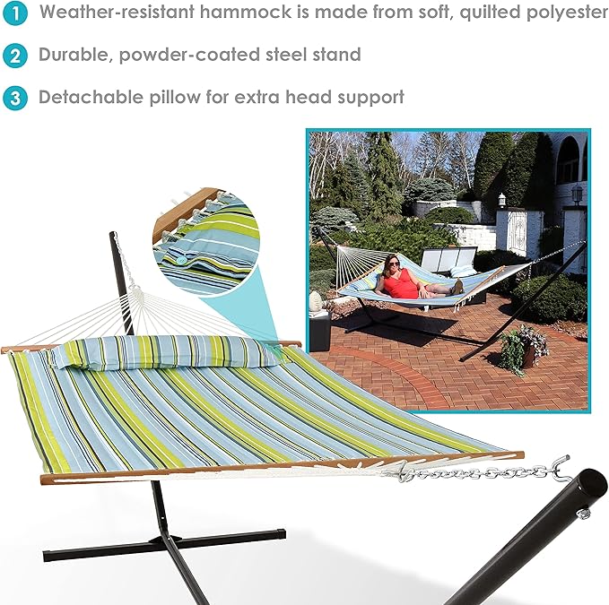 Sunnydaze Quilted Double Hammock with Stand for Outside - 400-Pound Capacity 2-Person Hammock with Stand - 15-Foot Stand - Blue and Green