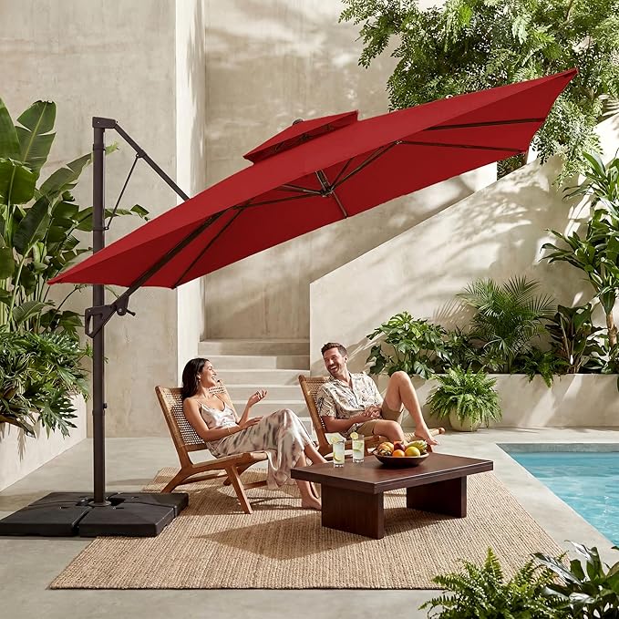 JEAREY 11ft 2-Tier Cantilever Patio Umbrella, Large Square Outdoor Offset Umbrella with Double Top Vent and 360-degree Rotation for Garden, Deck, Pool, Patio, Red