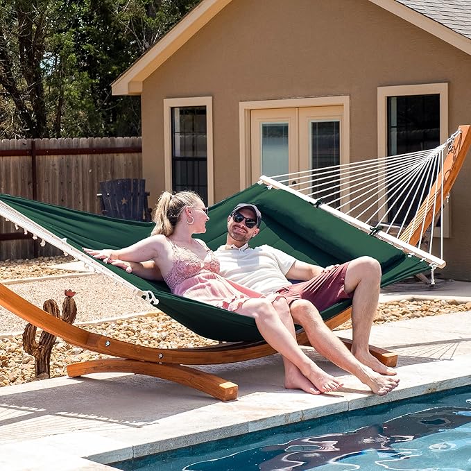 SUNCREAT 2 Person Hammocks for Outside with Stand, Extra Large Double Hammock with Wooden Stand, Dark Green