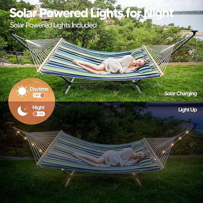 SUNCREAT Hammocks Stand Alone Hammock with Solar Powered Lights, Portable Standing Hammock, Green