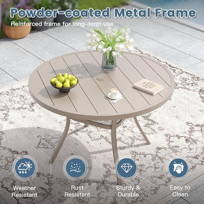 DIFY 5 Pieces Outdoor Dining Set for 4, Outdoor Furniture Set of 4 Textilene Swivel Patio Chairs, 47.2" Round Metal Dining Table with Umbrella Hole, for Garden Deck Backyard, Sandshell