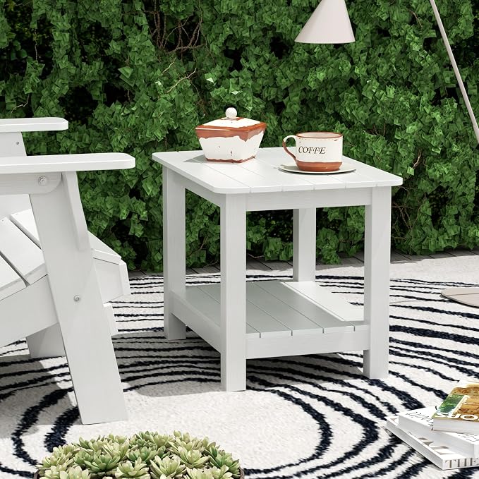 WestinTrends Tuscany Outdoor Side Table, All Weather HIPS 2 Tier Adirondack Small Patio Table with Storage, White