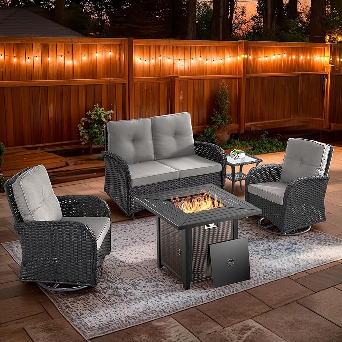 5 Piece Patio Furniture Set with Fire Pit Table - Wicker Patio Conversation Set with Swivel Glider, Glider Loveseat, Tempered Glass Side Table for Deck Backyard - Black Wicker Beige Cushion