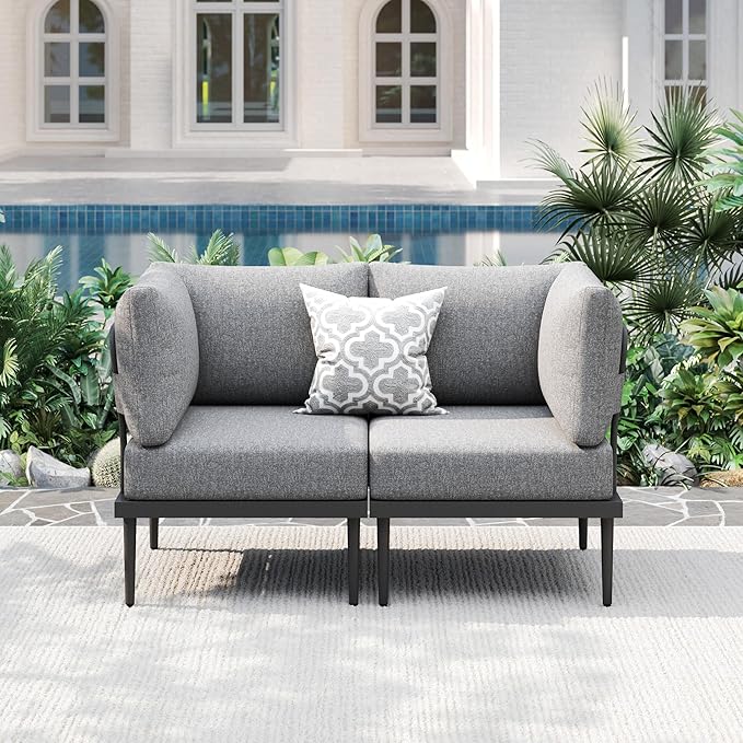 Metal Patio Furniture Set, 2 Pieces Outdoor Sectional Sofa Sets with Coffee Table, 6" Thick Cushion Modular Outdoor Loveseat for Balcony, Patio & Courtyard, Gray