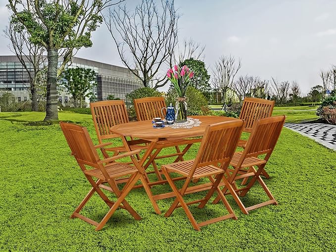 East West Furniture DICM72CANA 7 Piece Patio Garden Table Set Consist of an Oval Outdoor Acacia Wood Dining Table and 2 Folding Arm Chairs with 4 Side Chairs, 36x60 Inch, Natural Oil