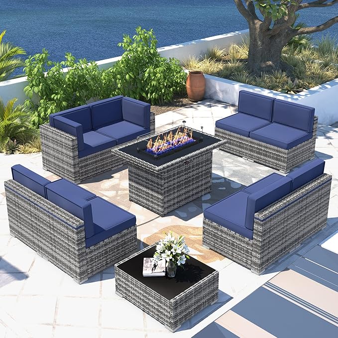 10 Pieces Patio Furniture Set with 44" Propane Gas Fire Pit Table, Outdoor Sectional Wicker Conversation Sofa Sets with Coffee Table