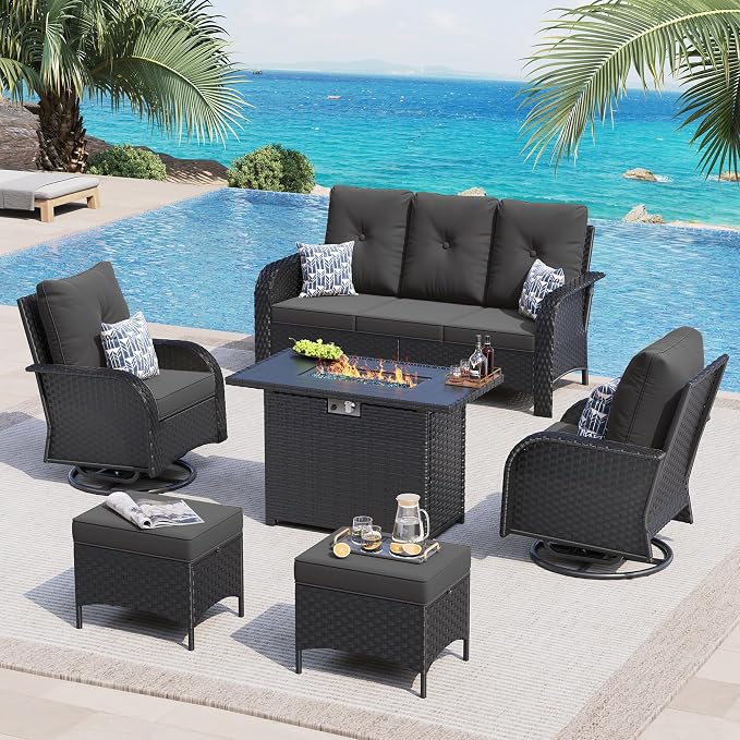 UDPATIO Patio Furniture Set with 44" Fire Pit Table, High Back 2 Swivel Rocker Chairs, Wicker Outdoor Conversation Sets with Thick Cushions & Ottoman, for Garden, Porch