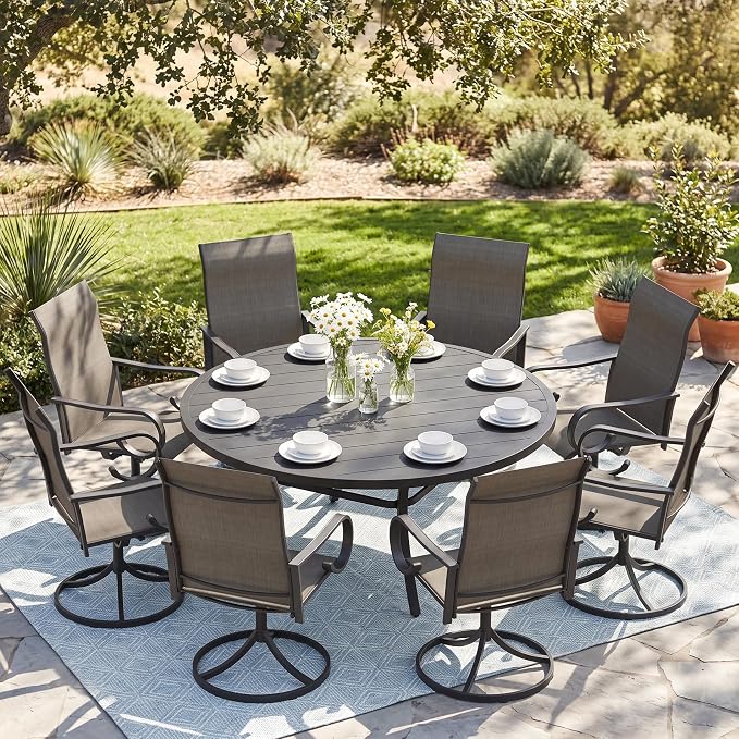 9 Pieces Patio Dining Set, 8 Outdoor Swivel Dining Chairs with 60" Round Metal Outdoor Dining Table with Umbrella Hole for Garden Backyard Deck, Mixed Brown & Black