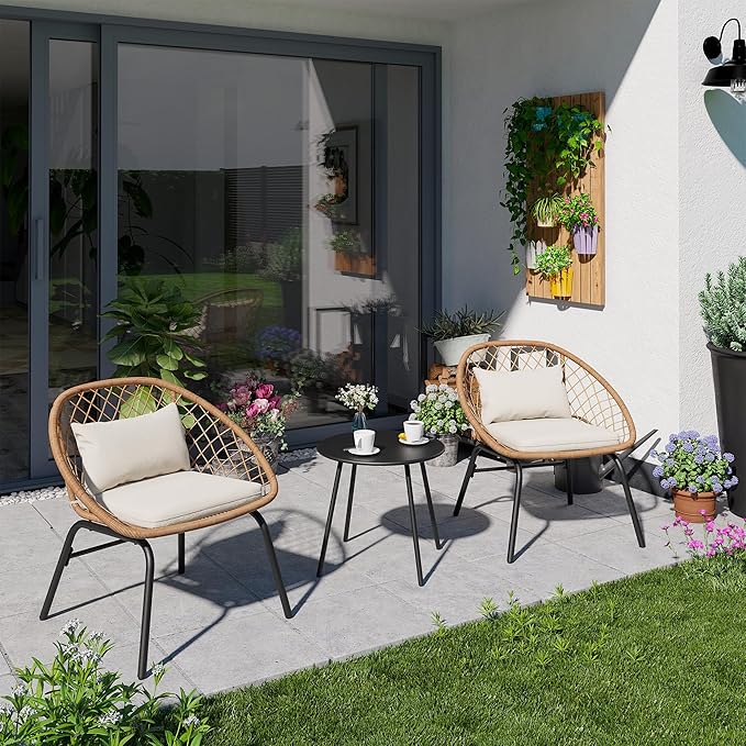 LAUSAINT HOME 3-Piece Outdoor Patio Set, All-Weather Wicker Rattan, Conversation Bistro Set with 2 Deep Seating Chairs & Coffee Table for Garden, Deck, Balcony, Porch, Backyard (Diamond Weave Design)