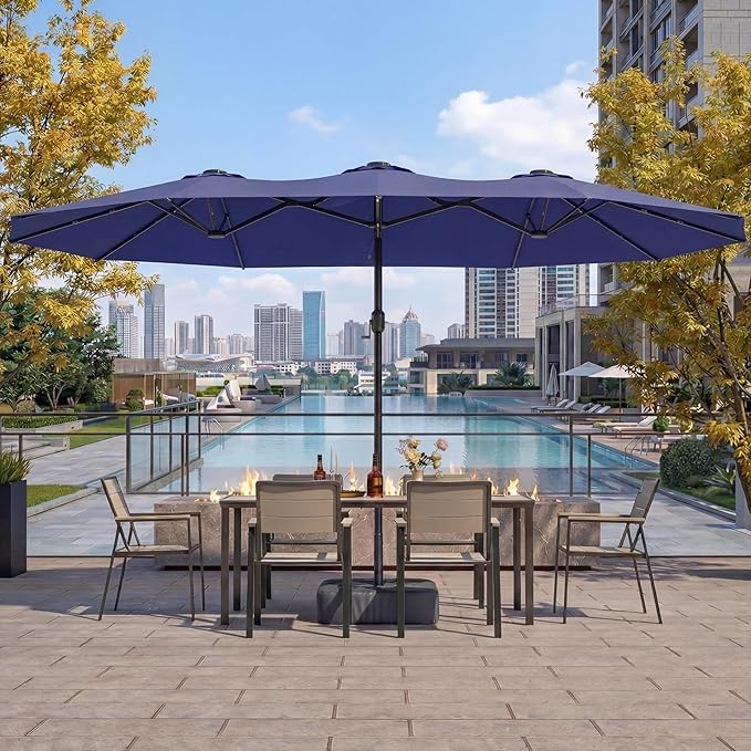 EO Living 13ft Large Patio Umbrella with Solar Lights, Double-Sided Rectangle Outdoor Umbrella with Base Included, 24 LED Lights Table Umbrella for Poolside Deck Market (Navy Blue)