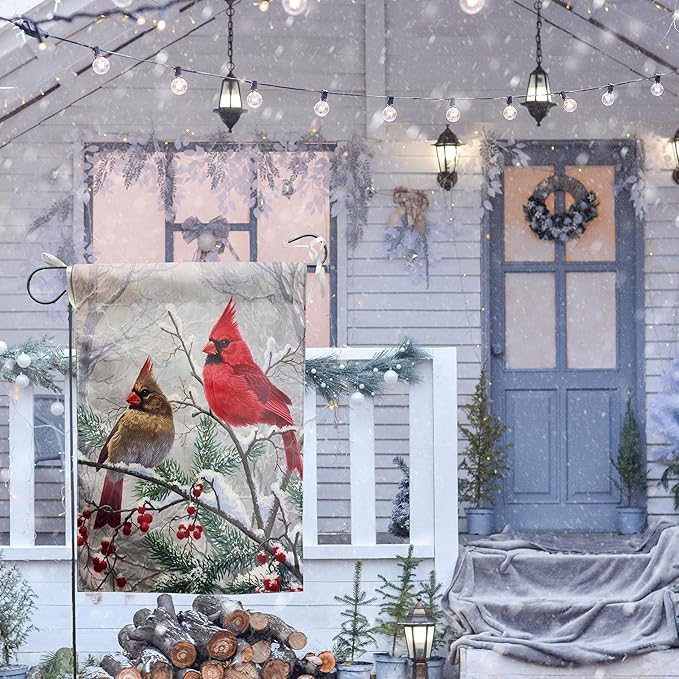 Winter Cardinal Bird House Flags for Outside 28x40 Double Sided Large Christmas Holiday Flags Red Birds on Tree Branch Garden Flag Welcome New Year Yard Flag Farmhouse Outdoor Decor