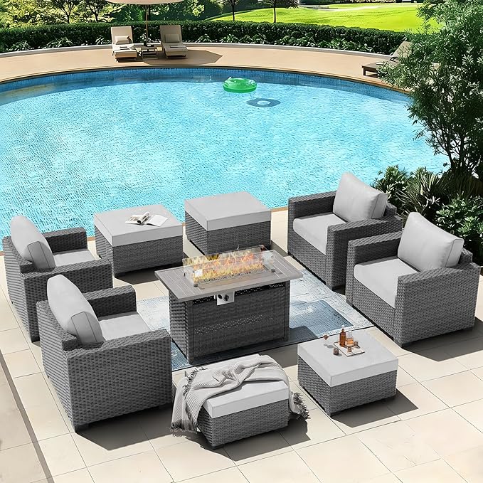 ABCASA 9-Piece Patio Furniture Set with Fire Pit Table | Indoor Comfort for Outdoor Living | Weather-Resistant Wicker & Ultra-Thick Cushions | Grey Patio Conversation Set for Deck, Porch, Poolside