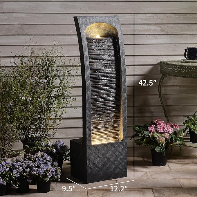 Bumilgar Indoor Water Fountain Curved Faux Slate Outdoor Waterfall Fountains Floor Standing Tiered Rock with LED Lights and Pump for Garden, Backyard, Deck, Patio, Porch and Home Art Decor