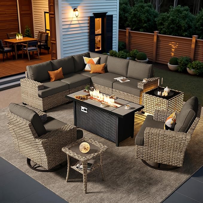 HOOOWOOO Sectional Patio Furniture Set with Fire Pit Table,10 Pieces Wicker Outdoor Furniture L Shaped Couch,Outside Conversation Set Extra Deep Seat Sofa Wide Arm Swivel Chairs Solar Table,Black