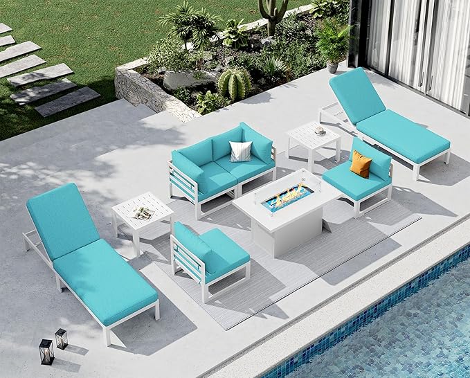 NICESOUL 9 Pcs Large Modern Aluminum Outdoor Sofa with Lounge & Fire Pit Table, 29" Deep Wide Seat, 500 lbs Durable Sectional Set for Heavy People, All-Weather Patio Furniture Set for Deck, Turquoise