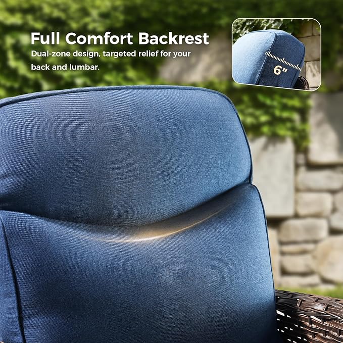 Luxury Patio Furniture Set with 6-inch Thick Cushions, Outdoor Furniture Set with High Back Swivel Chairs, 6 PCS Wicker Outdoor Conversation Set for Porch, Patio, Yard, Deck, Poolside, Brown/Blue