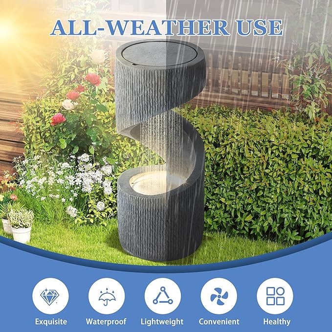31.9" Outdoor S-Shaped Water Fountain, Cascading Garden Fountains and Waterfalls with LED Lights & Splash-Proof Net, Indoor/Outdoor Floor Standing Water Feature for Patio, Backyard, Home Decor