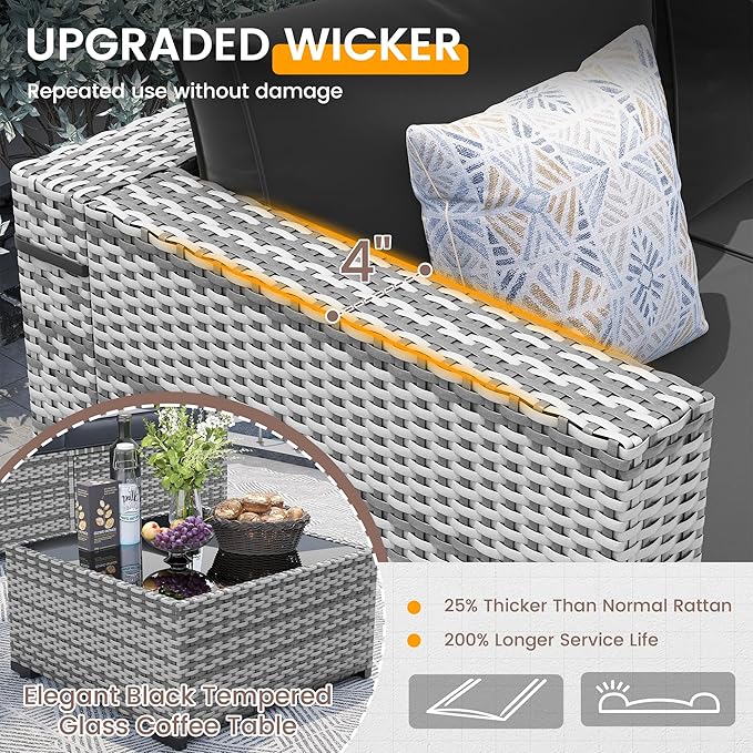 UDPATIO Patio Furniture Set with Fire Pit Table, 8 Pieces Outdoor Sectional Sofa, PE Wicker Patio Conversation Set for Garden, Backyard (Black Cushions with Grey Rattan)