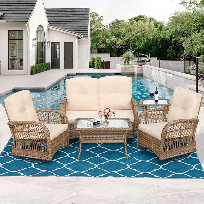 MEETWARM 5 Pieces Outdoor Patio Rattan Furniture Sets, All Weather Patio Wicker Conversation Set - 2 Rocking Swivel Chairs 1 Rattan Loveseat Glider with Cushions, 2 Glass-Top Coffee Table, Beige