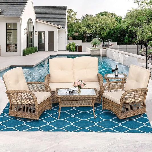MEETWARM 5 Pieces Outdoor Patio Rattan Furniture Sets, All Weather Patio Wicker Conversation Set - 2 Rocking Swivel Chairs 1 Rattan Loveseat Glider with Cushions, 2 Glass-Top Coffee Table, Beige