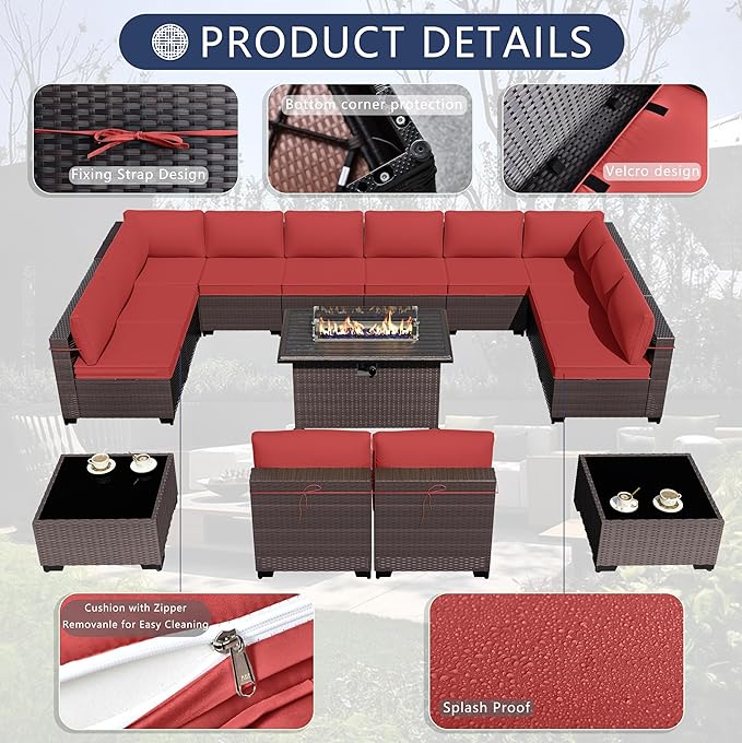 Outdoor Patio Furniture Set with Gas Fire Pit Table, 15 Pieces Outdoor Furniture Set Patio Sectional Sofa w/43in Propane Fire Pit, PE Wicker Rattan Patio Conversation Sets - Red.
