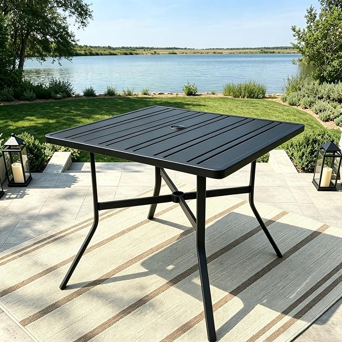 Black Outdoor Square Metal Table with Umbrella Hole, Patio Dinner Table for 4, All-Weather Outdoor Steel Dining Table for Deck, Porch, Backyard