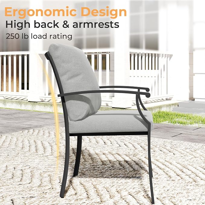 HAPPATIO 9-Piece Patio Dining Set, Outdoor Dining Set with Powder-Coated Metal,Dining Table with Umbrella Hole, 8 Stackable Chairs with Removable Cushions for Porch Poolside Garden,Grey