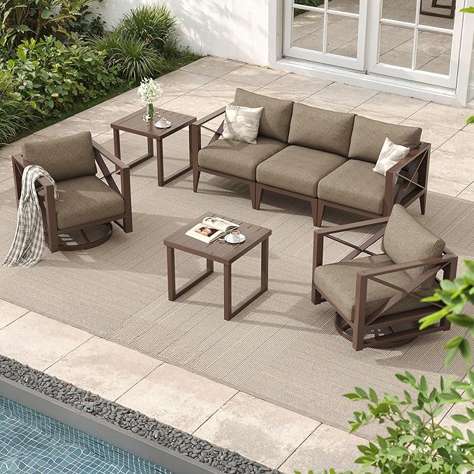 MBY Oversized Aluminum Patio Furniture Set, 7-Piece Outdoor Conversation Set with Swivel Rocking Chairs & Coffee Table, Modern Weather-Resistant Seating for Deck,Yard,Balcony,Poolside-Brown