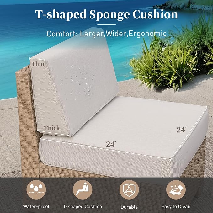 SUNSHINE VALLEY Patio Furniture Set, Sectional Wicker Outdoor Furniture with Fire Pit Table, 5.5" Thick Waterproof Cushion Modular Conversation 5 Pieces Sofa Set for Garden Deck Backyard, Beige