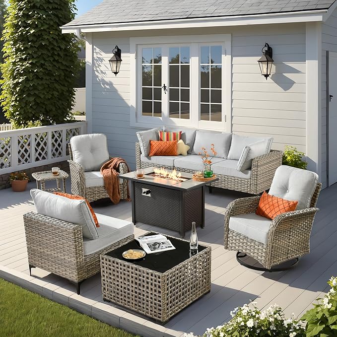 Outdoor Patio Furniture Sets,9 PCS Patio Conversation Set Outside Rattan Sectional Sofa with 42 in Fire Pit Table Wicker Rocking Chair Coffee Table Fit Backyard Porch Garden Poolside Balcony