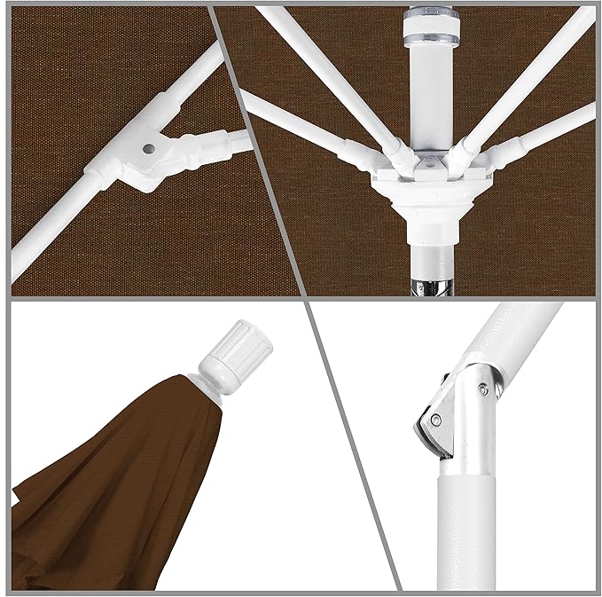 California Umbrella 9' Round Aluminum Pole Fiberglass Rib Market Umbrella, Crank Lift, Collar Tilt, White Pole, Teak Olefin