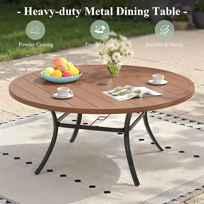 9 Pieces Outdoor Dining Set, 53" Round Table with Umbrella Hole & Stackable Patio Dining Chairs, Patio Table and Chairs Set for Deck Garden Porch, Brown Chairs & Walnut Table
