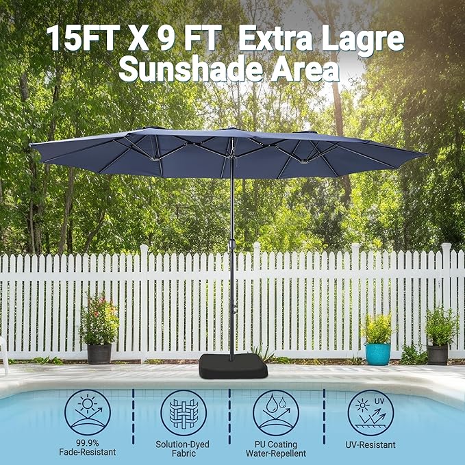 15ft Patio Umbrella with Base, 10-Year-No-Fade Large Outdoor Double-Sided Market Umbrella with UPF50+Terylene Polyester Fabric and Crank for Poolside Garden Deck Backyard Beach Pools