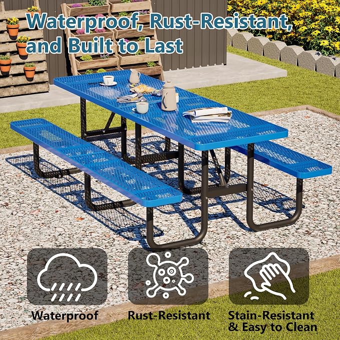 96" Heavy Duty Outdoor Picnic Table for 10, Galvanized Steel Frame with Umbrella Hole, 882LBS Capacity, Mesh Top – Picnic Camping Patio Garden