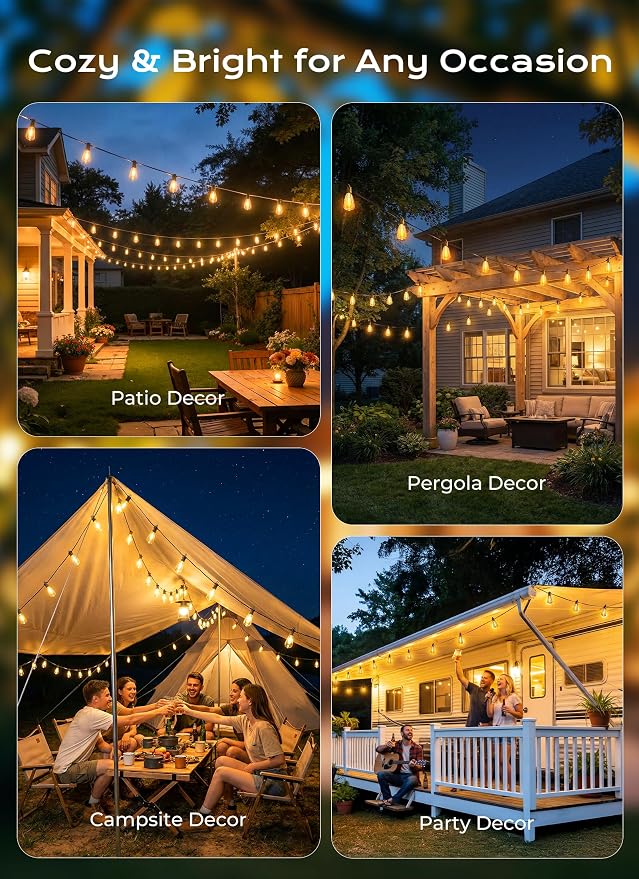 Brightown 52FT Solar String Lights Outdoor Waterproof, 26Hrs Runtime | 15+1 LED Bulbs, USB & Solar Powered, Remote Control & Dimmable Timer, Ideal for Backyard, Garden, Camping & Party Decor