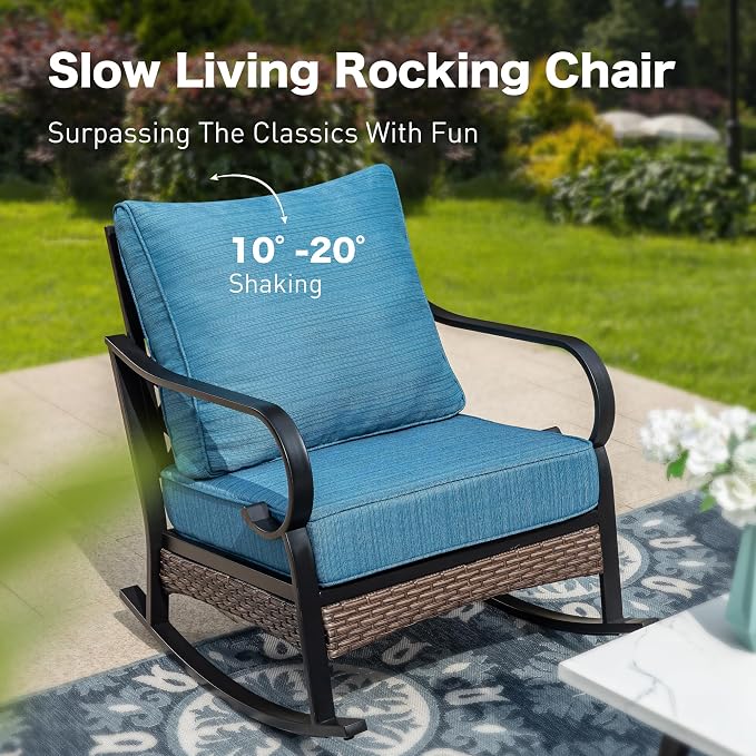 SUNSHINE VALLEY 4 Piece Metal Outdoor Patio Furniture Sets with Firepit Table, Patio Conversation Sets 1 2-Seater Sofa, 2 Rocking Sofa with 5.75" Cushion Black Backyard Furniture for Deck, Blue-2