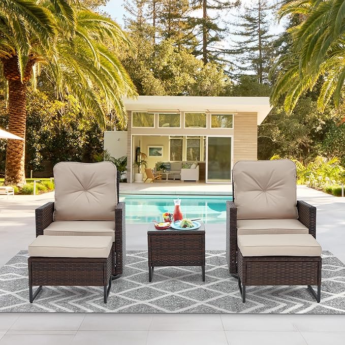 AVAWING 5 Pieces Patio Furniture Set, Wicker Swivel Rocking Chairs with 2 Ottomans and 1 Side Table, Patio Conversation Set w/Waterproof Cushions for Garden, Balcony and Porch, Beige