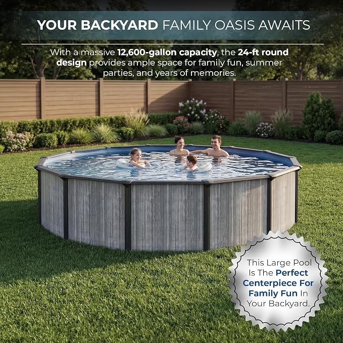 Blue Wave San Pedro 24-ft Round 52-in Deep Hard Sided Steel Frame Above Ground Pool with 6-in Steel Top Seats, Dual-Speed Sand Filter System, Ladder, Skimmer & Liner – 12,600 Gallon Cap for Family Use