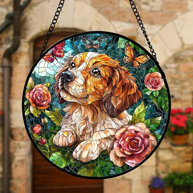 DASTOLL Stained Glass Window Hanging, Dog and Rose Suncatcher for Doors Home Butterfly Sun Catchers Decoration and Christmas, Mother's Day Birthday Gifts for Women, Men, and Mom 9.8 in