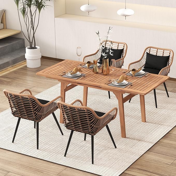 JOIVI 5 Pieces Outdoor Dining Set, Patio Table and Chairs Set for 4, Patio Outdoor Furniture Set with Extendable Dining Table for Porch, Deck, Bistro, Backyard, Garden, Black
