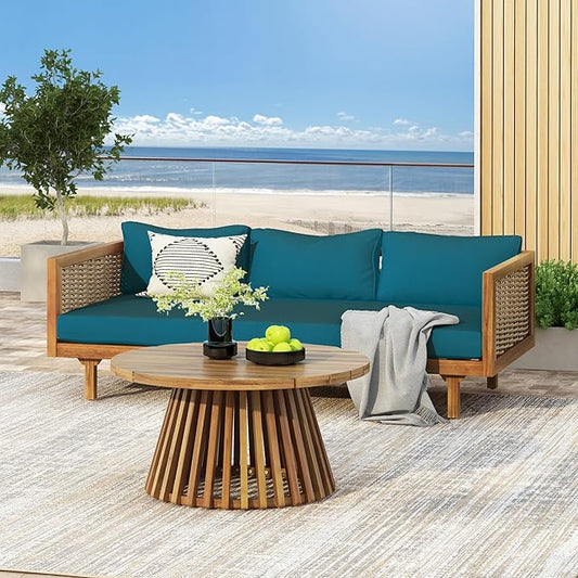 Christopher Knight Home Charm Patio Conversation Set, 3 Seater Acacia Wood Sofa, Spacious Seating Wicker Armrest Chair, Wood Coffee Table, Round Side Table, Outdoor Furniture for Garden, Dark Teal