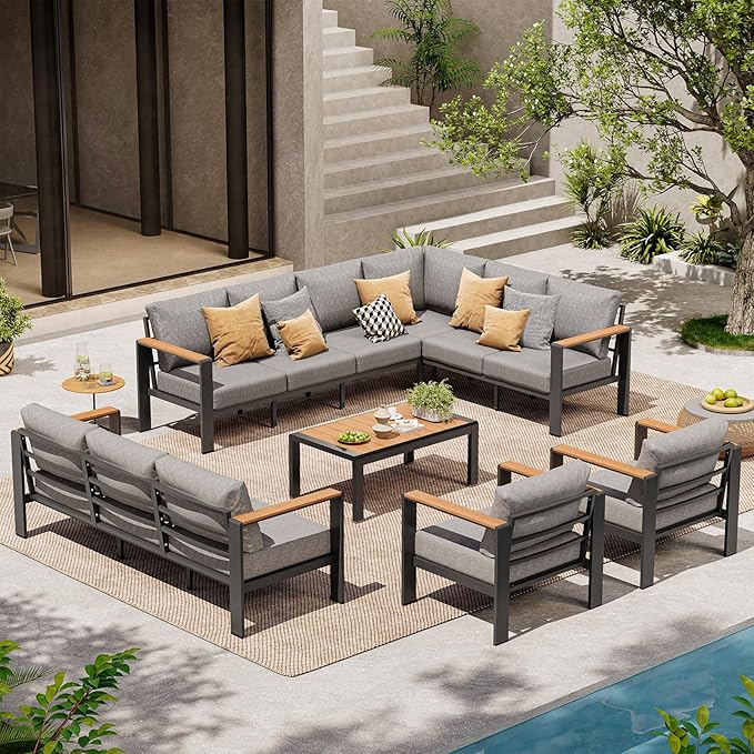 Aluminum Outdoor Patio Furniture Set, 11 Seats Patio Conversation Sets, Oversized Outdoor Sectional with Washable Thick Cushions & Coffee Table for Backyard, Garden and Poolside, Gray