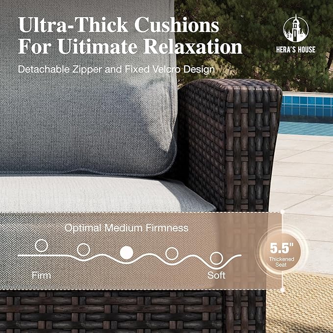 HERA'S HOUSE Patio Furniture Set with High Back Swivel Chair, 6-Piece Outdoor Wicker Sectional Conversation Set with Ottomans, 3-Seat Couch with 5.5" Thick Cushions for Deck Garden Backyard, Gray