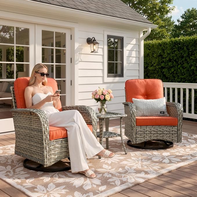 Outdoor Swivel Rocking Chair Set of 2 with Coffee Table, Wicker Patio Glider Chairs with 4 Inch Thick Cushions, 350lbs Capacity High Back Rattan Furniture Set for Sunroom and Small Spaces, Red